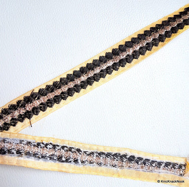 Beige Fabric Trim With Black And Gold Thread Embroidery Lace Trim, Approx. 25mm Wide